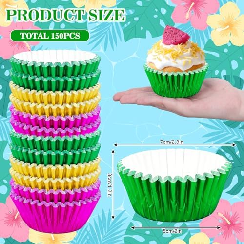 Whaline 150Pcs Hawaiian Foil Cupcake Liners Baking Cups Green Rose Red Yellow Foil Metallic Cupcake Wrappers Muffin Liners for Summer Tropical Luau Party Supplies