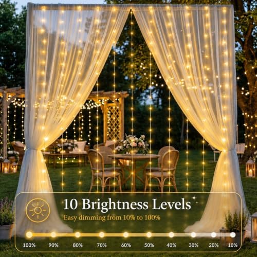 HXWEIYE 300LED Fairy Curtain Lights, 9.8x9.8Ft USB, Remote, Tangle-Free