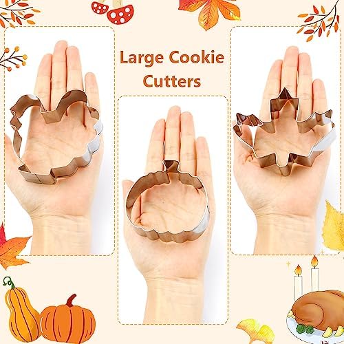 Fall Thanksgiving Cookie Cutters, 3PCS Large 3.2" to 3.6" Stainless Steel Autumn Cookie Cutters Fall Theme Holiday Shapes of Turkey, Maple Leaf, Pumpkin for Home Baking Kit Birthday Party Supplies