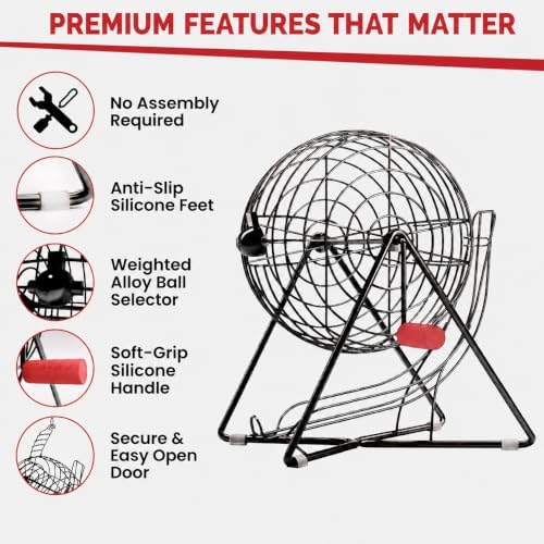MR CHIPS 11" (Inch) Tall Professional Bingo Set with Steel Cage, Everlasting 7/8” Balls, 18 Cards and 300 Chips - Mysterious Black Color