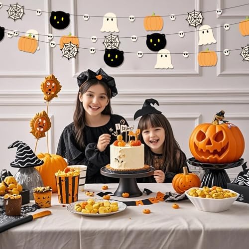 2pcs Halloween Party Banner, 9.84ft Pre-Strung Pumpkin Ghost Spiderweb Skull Black Cat Banner Hanging Summerween Garland Sign for Fall Halloween Boo Birthday Party Decorations
