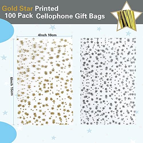 100 Pcs Star Printed 4"X6" Gift Wrap Cello Cellophane Treat Bags Party Favor bags Clear Candy Cookie Bags Plastic Poly Goodie Storage Bags with Twist Ties for Bakery,Birthday, Wedding ,Party Decorations (Gold)
