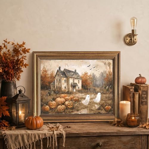 Wemandh Vintage Halloween Wall Art, Gold Framed Rustic Ghost and Pumpkin Decor, Spooky Haunted House Picture for Gothic Room, Farmhouse Fall Autumn Canvas Print Artwork (9.5'' x 12'')