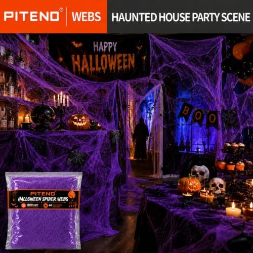 Piteno® 1200 sqft Spider Webs Halloween Decorations with 40 Fake Spiders, Stretchable Halloween Spider Webs for Indoor Outdoor Haunted House Yard Porch Party Decor (Purple)