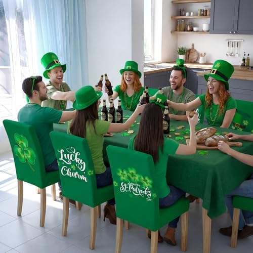 Mindsoft 6 Pcs St. Patrick's Day Chair Covers Green Clover Dining Protector Removable Seat Covers Washable Stretch Spring Slipcovers for Hotel Restaurant Party Wedding Holiday Decor