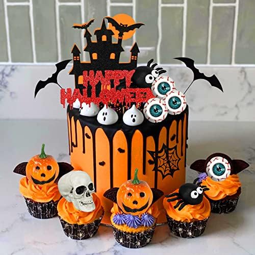 Halloween Cake Toppers Eyeballs Skull Head Spider Cake Decorations Castle Happy Halloween Cake Toppers for Trick-or-Treat Birthday Supplies (Eyeballs)