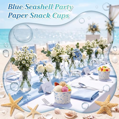 Maxdot 50 Pcs Blue Bow Starfish Seashelle Ice Cream Paper Cups 9oz Ocean Coastal Disposable Snack Cups Paper Dessert Bowls for Yogurt Cupcakes Hot Cold Food Baby Shower Wedding Bridal Party Supplies