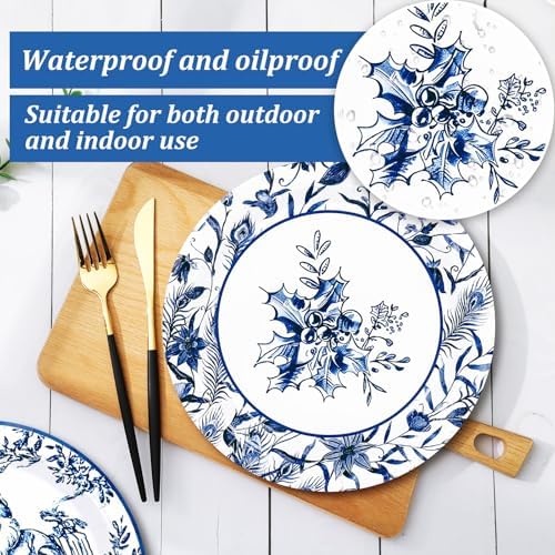 Whaline 40 Pcs Christmas Paper Plates 4 Designs Chinoiserie Blue and White Porcelain Xmas Tree Santa Claus Disposable Plates Tableware for Winter Party Tableware Supplies, 9 In