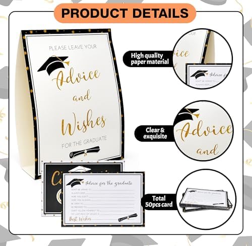 Gift Boutique 50 Graduation Advice Cards Double Sided with Table Sign Black and Gold Grad Party Guest Book Alternative