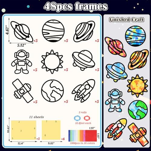 Renbuzhu 48PCS Solar System Space Paper Suncatchers DIY Project Kits, Back to School Window Stained Glass Effect Art Supplies for Party
