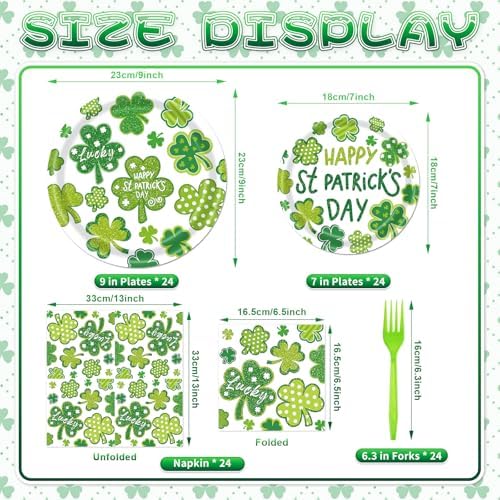 96 Pieces St. Patrick’s Day Tableware Set – Green Shamrock Disposable Plates Napkins Forks with “Happy St. Patrick’s Day” Lucky Clover Designs for Holiday Parties Irish Celebrations – Serves 24