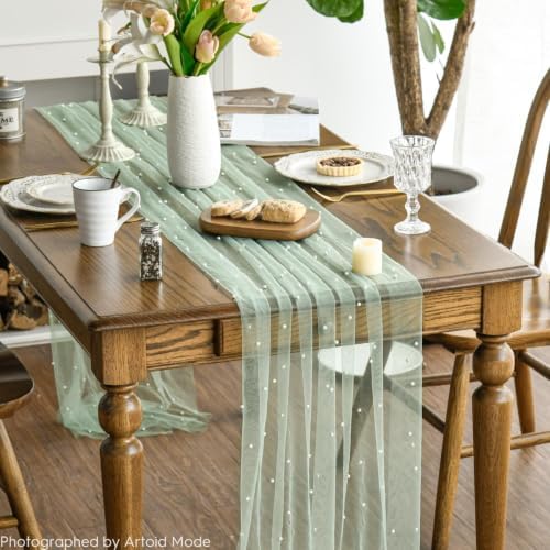 Artoid Mode 3-Pack Pearl Sage Green Gauze Table Runner 10FT Home Decor