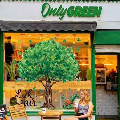 6 Sheets Extra Large St. Patrick's Day Window Clings 32 inch, Lucky Green Shamrock Tree Window Stickers Decal Double Sided for Home School Office Classroom Spring Party Supplies Gifts