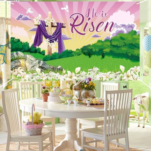 Large He is Risen Easter Banner Decorations Flag Outdoor 72x44 Inch, Cross Sign Christian Jesus Lily Flowers Banner for Indoor Home House Decor Party Supplies, Spring Yard Sign Background for Photography