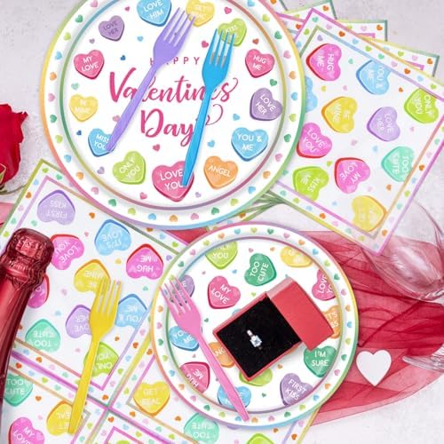 100 Pieces Valentine’s Day Party Tableware Set – Candy Heart Plates, Napkins and Forks, Love Heart Disposable Dinnerware for Valentine Classroom Party and Birthday Supplies