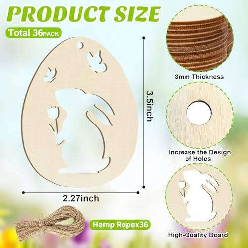 36PCS Wooden Easter Ornaments to Paint, 6 Styles DIY Blank Unfinished Wood Egg Cutouts Ornament for Crafts Hanging Decorations Happy Easter Hallow Egg Rabbit Bunny Butterfly Flower Hen
