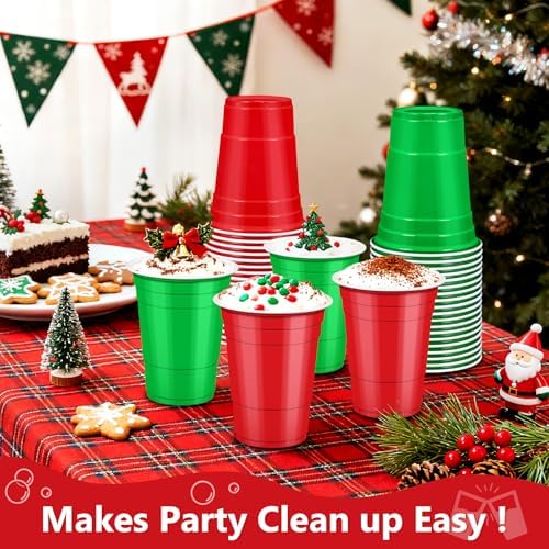 LANLISA 100Pcs Red and Green Plastic Cups, 16 oz Disposable Cups For Christmas Birthday Party Decorations