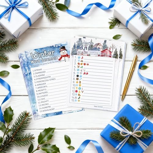 27 Pcs Winter Party Games Merry Christmas Games for Families Holiday Paper Game Cards Double Sided Printed Xmas Word Scramble Guessing Card Adult Family Large Groups Activity Supplies with Answer Key