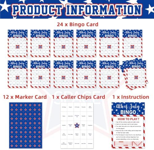 4th of July Bingo Game Set for 24 - Patriotic Party Activities, Independence Day Games for Family Reunion, School & Classroom Decorations – 5" x 7" Cards