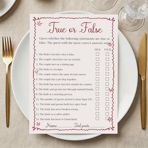 Pink Bridal Shower Games Cards - True or False - 30 Fun Wedding Party Game Cards for Bridal Shower, Engagement, Bachelorette & Newlywed Party, Icebreaker Activity Supplies & Decorations