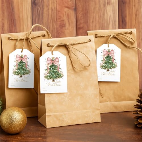 Teling 50 Pcs Christmas Gift Tags with String Pink Bow Merry Christmas Tags