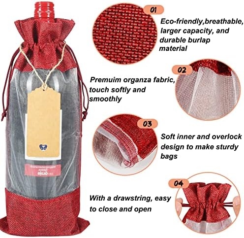 Shintop 12pcs Red Burlap Wine Gift Bags with Window and Tags