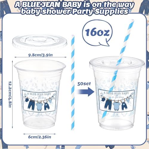 FillTouch 50 Pcs a Blue Jean Baby Is on the Way Cups Bulk Blue Jean Baby Shower Party Decoration Denim Theme Plastic Cups Rustic Cowboy Disposable Tumblers for Birthday Gender Reveal Party Supplies