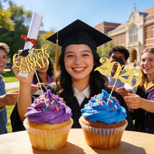 24 Pieces 2026 Graduation Cupcake Toppers and Wrappers, Adjustable Grad Cap Diploma Cake Decorations for Class of 2025 Graduation Party Supplies (Black Gold)