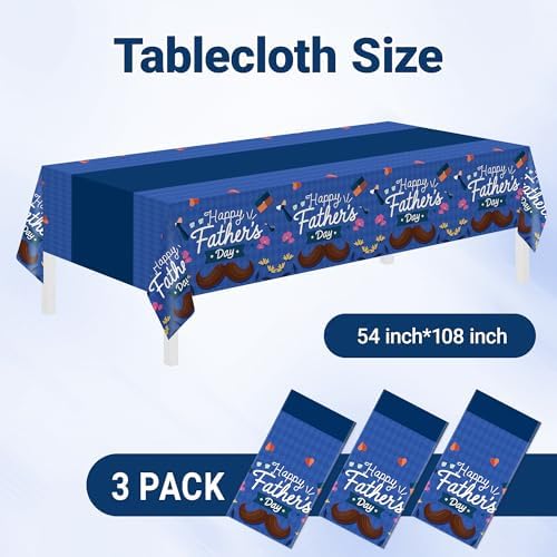 Childom 3 Pack Fathers Day Decorations,Happy Fathers Day Tablecloth,54" x 108" Disposable Plastic Table Cloth for Rectangle,Party Table Cover for Birthday Party Supplies,Home,Dinner,Indoor,Outside