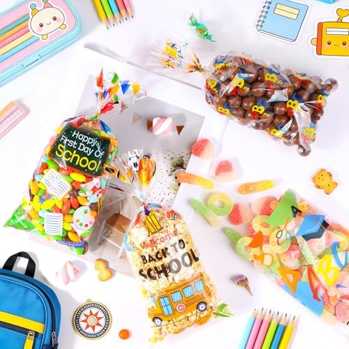ZYLOP 50 Pcs Back to School Cellophane Treat Bags - 5x11 Inch Clear Cellophane Goodie Bags with 60 Gold Ties for Cookies, Candies, Classroom Gifts, Teachers' Rewards & School Reopening Party Favors