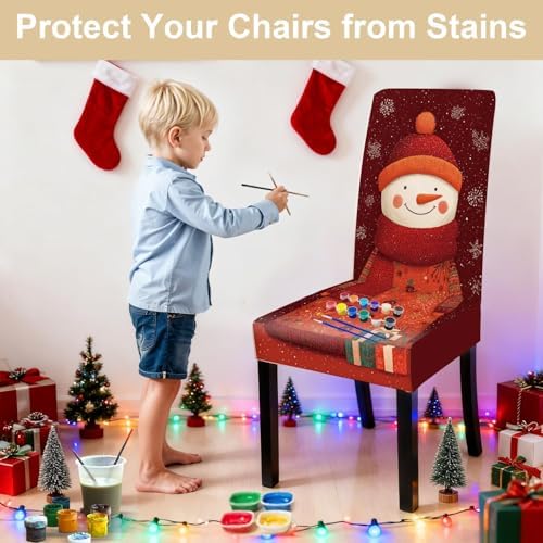 Christmas Chair Covers Set of 4, Snowman with Gifts Dining Chair Slipcovers, Stretchable Holiday Chair Protectors with Snowflakes