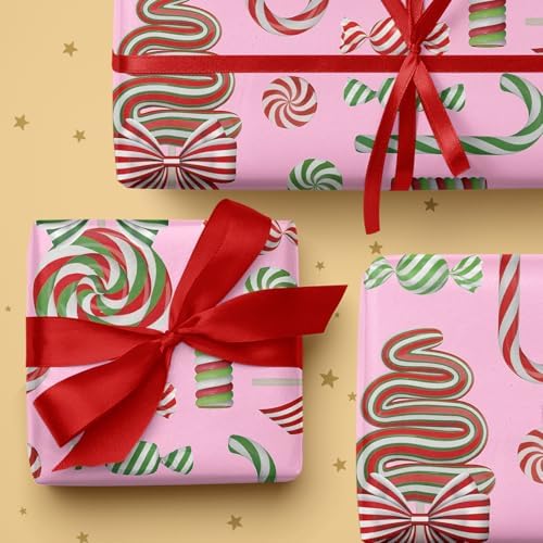 LeZakaa Christmas Candy Wrapping Paper Roll for Girls Kids, Pink Sweet Candy Canes with Peppermints Lollipops Design for Xmas Sweet-Themed Presents, Mini Roll 17in x 16.4 Ft