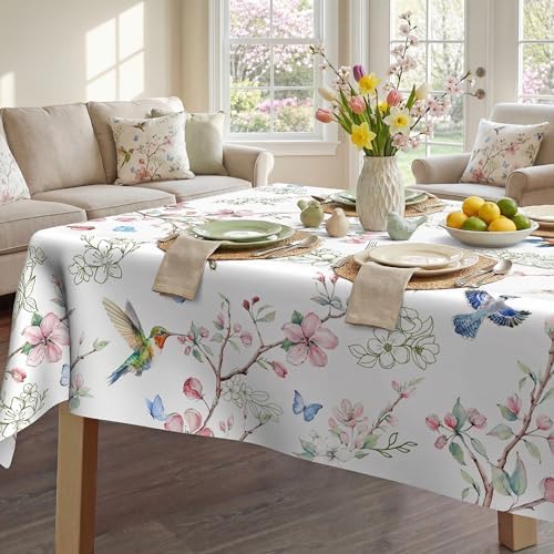 Spring Floral Tablecloth 52x70 Inch, Spring Birds Branch Floral Decorations for Home Table Cloth Rectangle Decor Tablecloths Polyester for Picnic Party Dinner