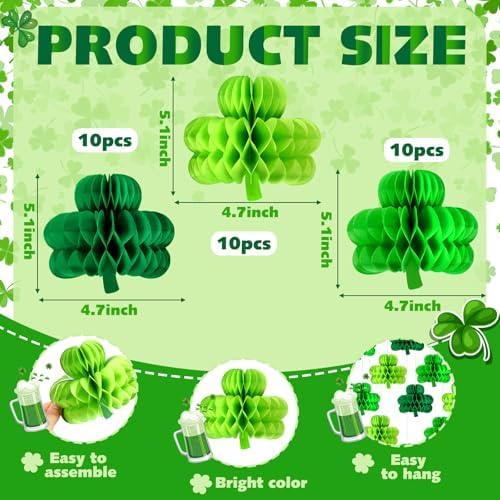 Gueevin 30 Pcs St Patricks Day Hanging Decorations St. Patrick's Day Honeycomb Balls Shamrock Honeycomb Paper Irish Ceiling Decor for Table Centerpiece Birthday Home Spring