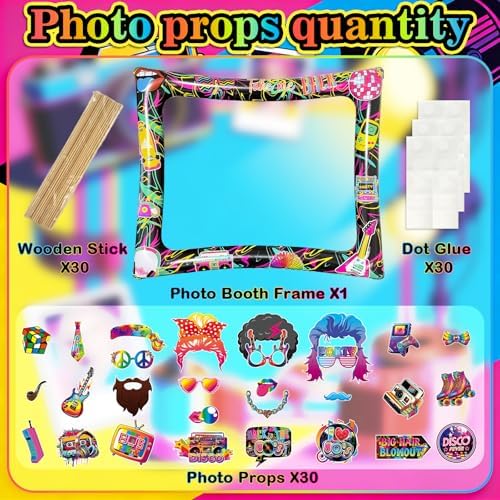 80s Inflatable Photo Frame & Props, 30Pcs Back to The 80s Photo Booth Props with Inflatable Selfie Picture Frame for 1980s Throwback Birthday Party Supplies