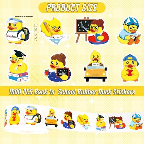 Whaline 1000 Pcs Back to School Rubber Duck Roll Stickers Self-Adhesive Funny Yellow Duck Label Decals for Envelope Water Bottle Scrapbook Decor Birthday Party Supplies