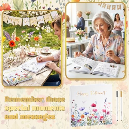 Retirement Guest Book with 2 Markers 8.7'' Square, White, Floral