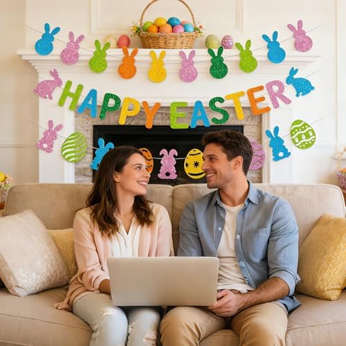Easter Bunny Decorations Kit, 3 Pack Pre-Strung Glitter Banner Set with Happy Easter Banner, Bunny Egg Banner & Peeps Banner - Spring Easter Party Decorations for Indoor Home Decor