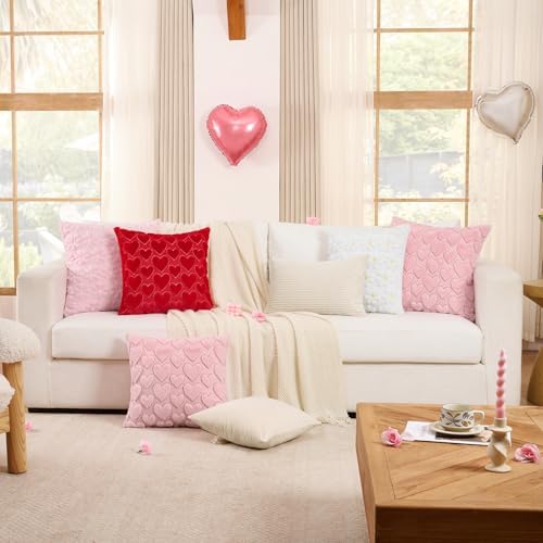 Softalker Pink Heart Pillow Covers 20 x 20 Inch Set of 2, Spring Summer Soft Faux Fur Cushion Covers, 3D Embroidered Pillow Cases for Sofa, Couch, Bedroom
