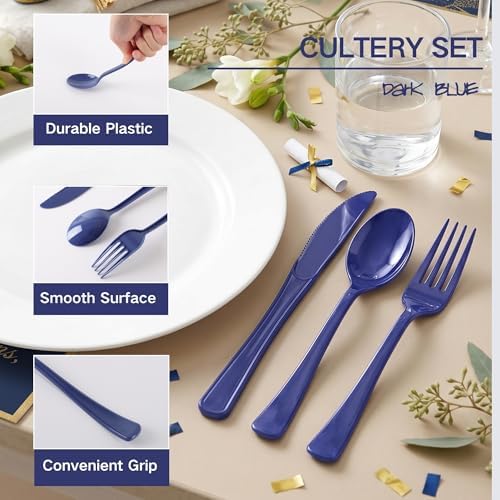 300Pcs Navy Blue Plastic Silverware Set, Disposable Forks Spoons Knives