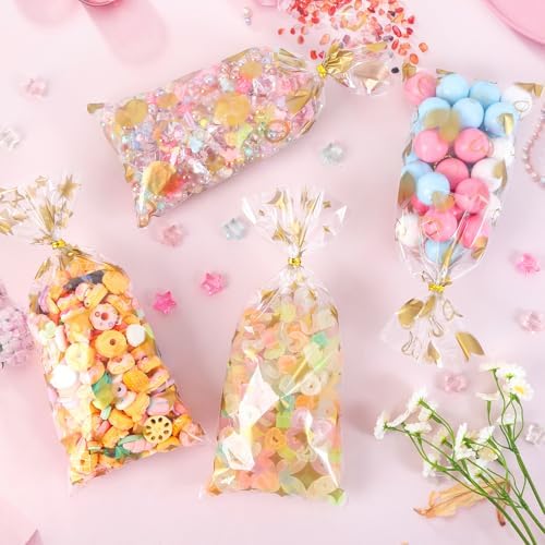 COQOFA 100 Pcs Gold 5"X11" Gift Wrap Cellophane Treat Bags Clear Party Favor Candy Cookie Bags Plastic Goodie Storage Bag with Twist Ties for Birthday, Wedding,Party Decorations(4 Patterns)