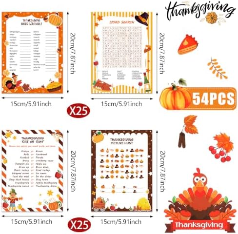 LOAVER 54 Pcs Thanksgiving Trivia Party Game Cards, Double-Sided Word Scramble Search Picture Hunt Activity Cards for Thanksgiving Family Gathering Fall Holiday Party Games Harvest Activities