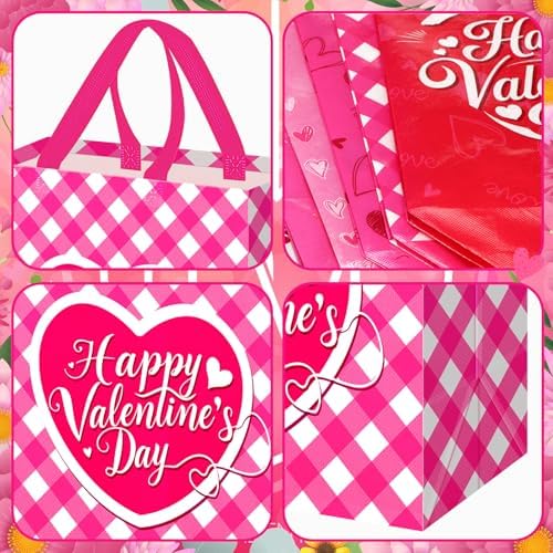 Wesnoy 48 Pcs Valentine's Day Gift Bags Bulk with Handle Non Woven Reusable Pink Red Heart Bags Valentine's Day Candy Bag for Classroom Gift Exchange, Goodies Wrapping Party Favors, 11.4x10.6x4.7 Inch