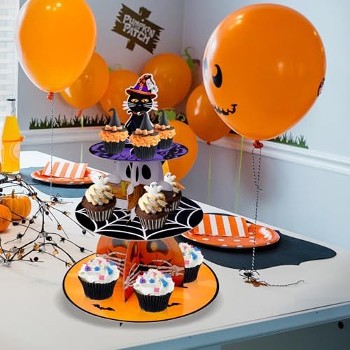 Halloween Cupcake Stand - 3 Tier Cupcake Tower Hhalloween Black Cat Pumpkin Ghost Decorations Dessert Holder for Table Display Party Decor