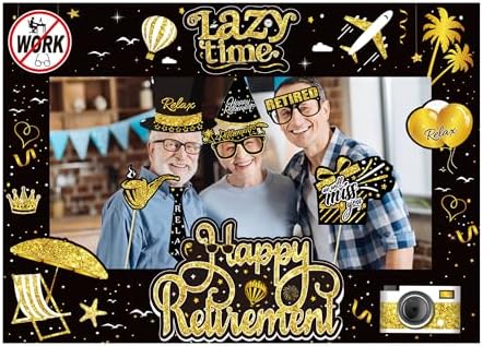 Retirement Party Photo Booth Props Kit - 37pcs Paper Photo Props 1 Frame Glitter Retirement Party Decorations for Retiree Celebration, Farewell Office Party Supplies (Black and Gold)
