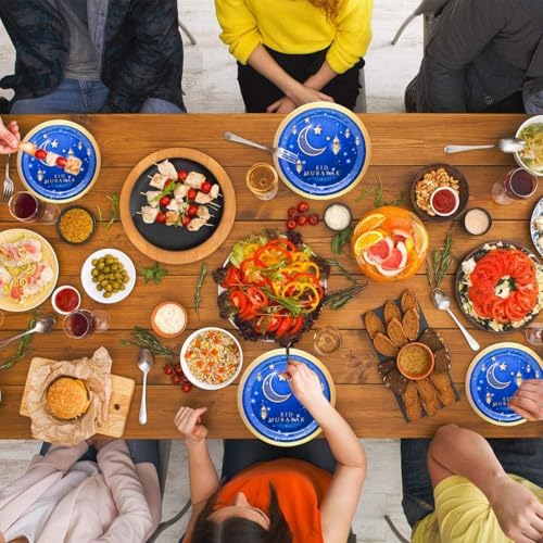 50Pcs Ramadan Eid Mubarak Party Supplies Bluk Ramadan Eid Mubarak Plates Set 9"Ramadan Dinner Plates 7"Blue and Gold Eid Mubarak Plates for Eid Al Adha Islamic Ramadan Birthday Decor Serves 25