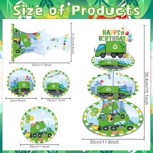 Keluna Trash Truck Birthday Decorations - 3 Tier Garbage Truck Cupcake Stand for Boys Birthday Party Table Decor, Trash Truck Party Supplies Dessert Cake Holder