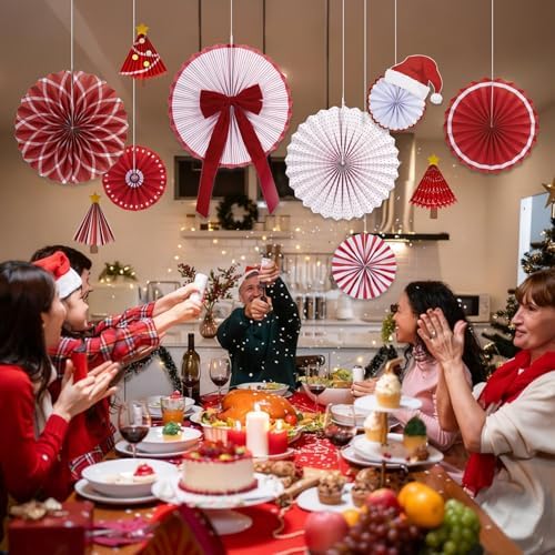 Christmas Paper Fan Decorations Christmas Decorations Classroom Red Hanging Paper Fans 10PCS with Santa Hat Gold Stars for Xmas Winter New Year Wall Ceiling Party Holiday