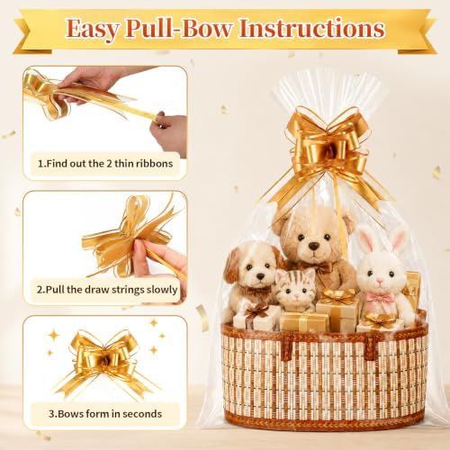 3 Pack Baskets for Gifts Empty, Large Bamboo Woven Gift Basket with Handles, Reusable DIY Gift Baskets Empty Kit with Wrap Bags, Pull Bows and Cards for Christmas, DIY Holiday, Birthday, Registry Gifts