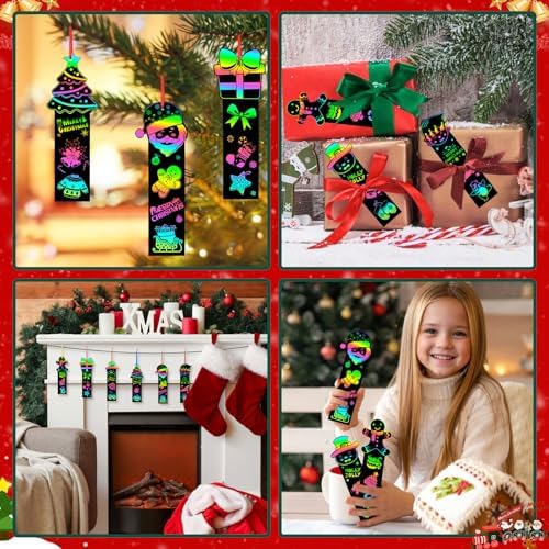AUGSUN 96Pcs Christmas Scratch Art Bookmarks Xmas Crafts for Kids